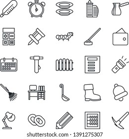 Thin Line Icon Set - alarm clock vector, calculator, desk, tie, document, pencil, fence, rake, boot, hoe, caterpillar, thermometer, term, chain, bell, torch, drawing pin, abacus, lamp, plates, ladle