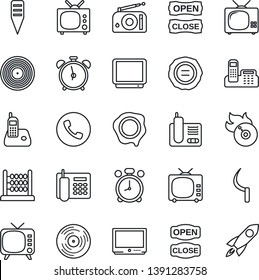 Thin Line Icon Set - alarm clock vector, phone, stamp, sickle, plant label, vinyl, flame disk, radio, tv, abacus, office, open close, rocket