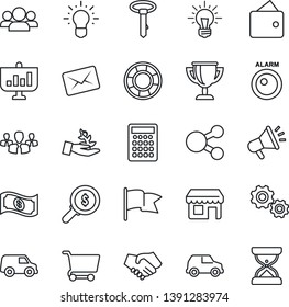 Thin Line Icon Set - alarm led vector, group, gear, palm sproute, handshake, wallet, money search, idea, cart, flag, cash, calculator, car, social media, crisis management, mail, advertising, tie