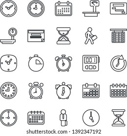 Thin Line Icon Set - alarm clock vector, flight table, calendar, heavy scales, stopwatch, manager, schedule, sand