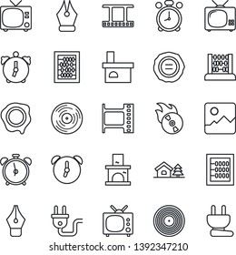 Thin Line Icon Set - alarm clock vector, tv, abacus, stamp, fireplace, film frame, vinyl, flame disk, gallery, ink pen, house with tree, power plug