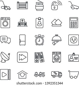 Thin Line Icon Set - alarm clock vector, baggage larry, identity card, office binder, lawn mower, hospital, container, warehouse storage, satellite antenna, dialog, fast forward, video, calculator