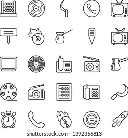 Thin Line Icon Set - alarm clock vector, phone, stamp, sickle, plant label, reel, vinyl, flame disk, radio, tv, call, abacus, office, turkish coffee, rocket