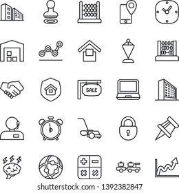 Thin Line Icon Set - alarm clock vector, stamp, baggage larry, lock, office building, calculator, pennant, abacus, brainstorm, lawn mower, mobile tracking, warehouse storage, laptop pc, network