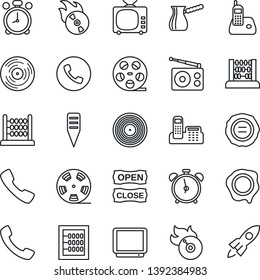 Thin Line Icon Set - alarm clock vector, phone, abacus, stamp, plant label, reel, vinyl, flame disk, radio, tv, call, office, open close, turkish coffee, rocket