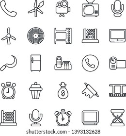 Thin Line Icon Set - Alarm Clock Vector, Phone, Abacus, Sickle, Film Frame, Vinyl, Tv, Video Camera, Microphone, Call, Office, Rolling Pin, Outdoor Lamp, Fridge, Windmill, Money Bag, Sand