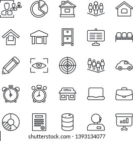 Thin Line Icon Set - alarm clock vector, waiting area, case, team, pencil, circle chart, house, store, car delivery, warehouse storage, oil barrel, presentation board, pie graph, hr, support, target