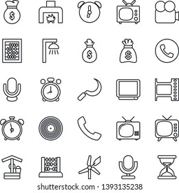 Thin Line Icon Set - alarm clock vector, phone, abacus, money bag, well, sickle, film frame, vinyl, tv, video camera, microphone, call, fireplace, outdoor lamp, windmill, sand