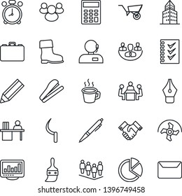 Thin Line Icon Set - alarm clock vector, case, team, ripper, wheelbarrow, boot, sickle, group, themes, coffee, company, monitor statistics, office building, pie graph, calculator, ink pen, support