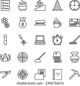 Thin Line Icon Set - alarm clock vector, border cone, rake, pruner, hoe, ripper, calendar, coffee, copybook, document folder, checklist, target, meeting, tie, notebook pc, copier, stamp, book, gear