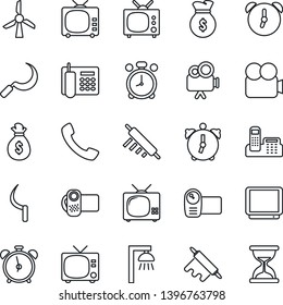 Thin Line Icon Set - Alarm Clock Vector, Tv, Sickle, Video Camera, Call, Office Phone, Rolling Pin, Outdoor Lamp, Windmill, Money Bag, Sand