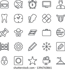 Thin Line Icon Set - alarm clock vector, luggage storage, gear, hierarchy, case, pennant, drawing pin, patch, tooth, plane, video camera, monitor, record, network, notes, lock, paper tray, pencil
