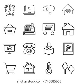thin line icon set : alarm clock, notebook, cloude service, wireless home, remove from basket, cashbox, delivery, presentation, phone, package, photo, cart, thermometer, trees