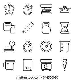 thin line icon set : alarm clock, stopwatch, market scales, weight, ruler, heavy, sand, warehouse, barometer, measuring cup, kitchen, handle