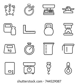 thin line icon set : alarm clock, stopwatch, market scales, weight, ruler, heavy, sand, measuring cup, kitchen, handle, thermometer