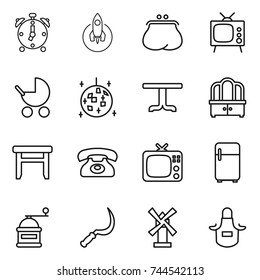 thin line icon set : alarm clock, rocket, purse, tv, baby stroller, disco ball, table, dresser, stool, phone, fridge, hand mill, sickle, windmill, apron
