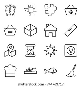 thin line icon set : alarm clock, chip, puzzle, add to basket, remove from, box, home, level, map, sand, sun, power socket, cook hat, soil cutter, fish, broom