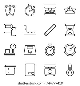 thin line icon set : alarm clock, stopwatch, market scales, weight, ruler, sand, warehouse, heavy, barometer, measuring cup, kitchen, thermometer