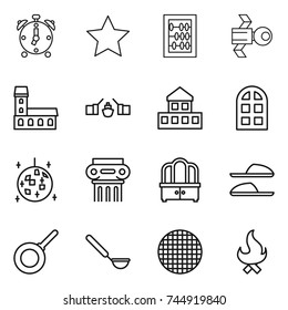 thin line icon set : alarm clock, star, abacus, satellite, mansion, drawbridge, cottage, arch window, disco ball, antique column, dresser, slippers, pan, ladle, sieve, fire