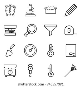thin line icon set : alarm clock, microscope, electrostatic, pencil, market scales, magnifier, funnel, measuring tape, construction, barometer, thermometer, kitchen, handle, rake