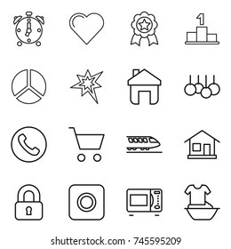 thin line icon set : alarm clock, heart, medal, pedestal, diagram, bang, home, sale, phone, cart, train, locked, ring button, microwave oven, handle washing