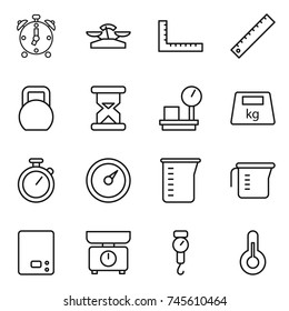 thin line icon set : alarm clock, scales, ruler, heavy, sand, warehouse, stopwatch, barometer, measuring cup, kitchen, handle, thermometer