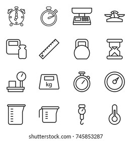 thin line icon set : alarm clock, stopwatch, market scales, weight, ruler, heavy, sand, warehouse, barometer, measuring cup, handle, thermometer