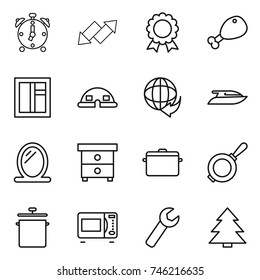thin line icon set : alarm clock, up down arrow, medal, chicken leg, window, dome house, delivery, yacht, mirror, nightstand, pan, microwave oven, wrench, spruce