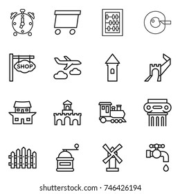 thin line icon set : alarm clock, delivery, abacus, cell corection, shop signboard, journey, tower, greate wall, japanese house, fort, train, antique column, fence, hand mill, windmill, water tap