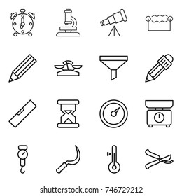 thin line icon set : alarm clock, microscope, telescope, electrostatic, pencil, scales, funnel, level, sand, barometer, kitchen, handle, sickle, thermometer, pruner