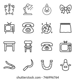 thin line icon set : alarm clock, table lamp, rocket, bow, tv, phone, disco ball, curtain, stool, chair, walnut crack, sickle, horseshoe, apron