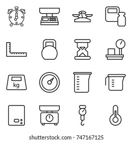 thin line icon set : alarm clock, market scales, weight, ruler, heavy, sand, warehouse, barometer, measuring cup, kitchen, handle, thermometer