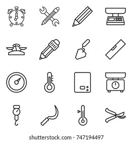 thin line icon set : alarm clock, pencil wrench, market scales, construction, level, barometer, thermometer, kitchen, handle, sickle, pruner