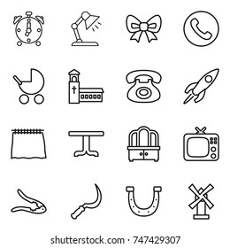 thin line icon set : alarm clock, table lamp, bow, phone, baby stroller, church, rocket, curtain, dresser, tv, walnut crack, sickle, horseshoe, windmill