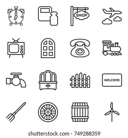 thin line icon set : alarm clock, scales weight, shop signboard, journey, tv, arch window, phone, train, water tap, dresser, fence, welcome mat, fork, wheel, barrel, windmill