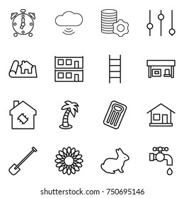thin line icon set : alarm clock, cloud wireless, virtual mining, equalizer, project, modular house, stairs, gas station, smart, palm, inflatable mattress, home, shovel, flower, rabbit, water tap