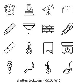 thin line icon set : alarm clock, microscope, telescope, electrostatic, pencil, funnel, brick wall, level, thermometer, kitchen scales, handle, sickle, scoop