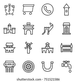 thin line icon set : alarm clock, delivery, phone, tower, castle, arch, greate wall, building, japanese house, windmill, fort, gothic architecture, antique column, wheel, horseshoe, water tap