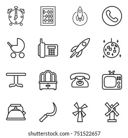 thin line icon set : alarm clock, abacus, rocket, phone, baby stroller, disco ball, table, dresser, tv, kettle, sickle, windmill