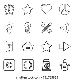 thin line icon set : alarm clock, star, heart, diagram, bulb, pencil wrench, wireless, phone, remove from basket, right arrow, ring button, grater, apron