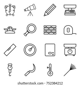 thin line icon set : alarm clock, telescope, pencil, market scales, magnifier, brick wall, measuring tape, level, barometer, kitchen, handle, sickle, thermometer, rake