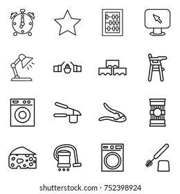 thin line icon set : alarm clock, star, abacus, monitor arrow, table lamp, drawbridge, block wall, Chair for babies, washing machine, garlic clasp, walnut crack, pasta, cheese, vacuum cleaner