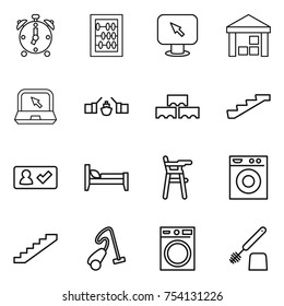 thin line icon set : alarm clock, abacus, monitor arrow, warehouse, notebook, drawbridge, block wall, stairs, check in, bed, Chair for babies, washing machine, vacuum cleaner, toilet brush