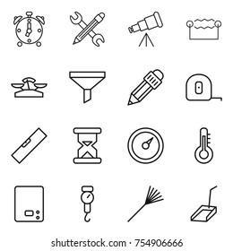 thin line icon set : alarm clock, pencil wrench, telescope, electrostatic, scales, funnel, measuring tape, level, sand, barometer, thermometer, kitchen, handle, rake, scoop