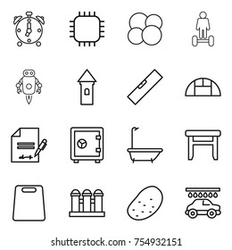 thin line icon set : alarm clock, chip, atom core, hoverboard, jet robot, tower, level, greenhouse, inventory, safe, bath, stool, cutting board, grain elevator, potato, car wash