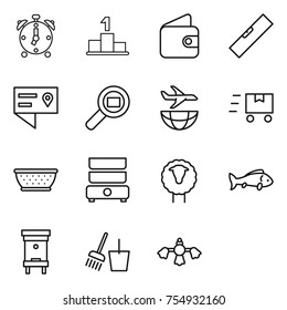thin line icon set : alarm clock, pedestal, wallet, level, location details, cargo search, plane shipping, fast deliver, colander, double boiler, sheep, fish, hive, bucket and broom