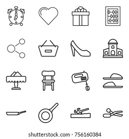 Thin line icon set : alarm clock, heart, gift, abacus, molecule, remove from basket, shoes, mansion, restaurant, chair, mixer, slippers, pan, soil cutter, scissors