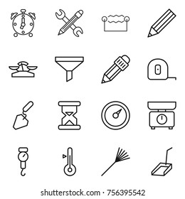 Thin line icon set : alarm clock, pencil wrench, electrostatic, scales, funnel, measuring tape, construction, sand, barometer, kitchen, handle, thermometer, rake, scoop