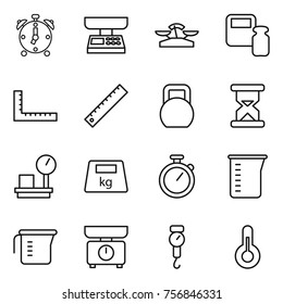 Thin line icon set : alarm clock, market scales, weight, ruler, heavy, sand, warehouse, stopwatch, measuring cup, kitchen, handle, thermometer
