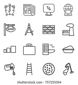 Thin line icon set : alarm clock, newspaper, monitor arrow, notebook globe, shop signboard, draw compass, brick wall, factory, sorting, suitcase, hotel, washing, mixer, stairs, cookies
